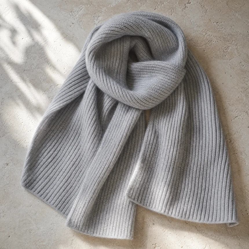 Bufanda de punto inglés en gris perla, extendida sobre piedra clara