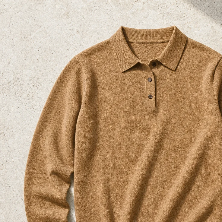 Polo de punto fino en camel, modelo de referencia del punto liso del chaleco, sobre piedra clara