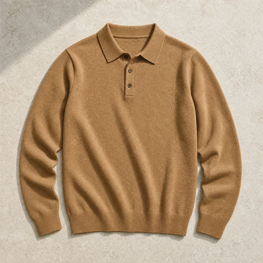Polo de punto de manga larga en color camel, extendido sobre piedra clara