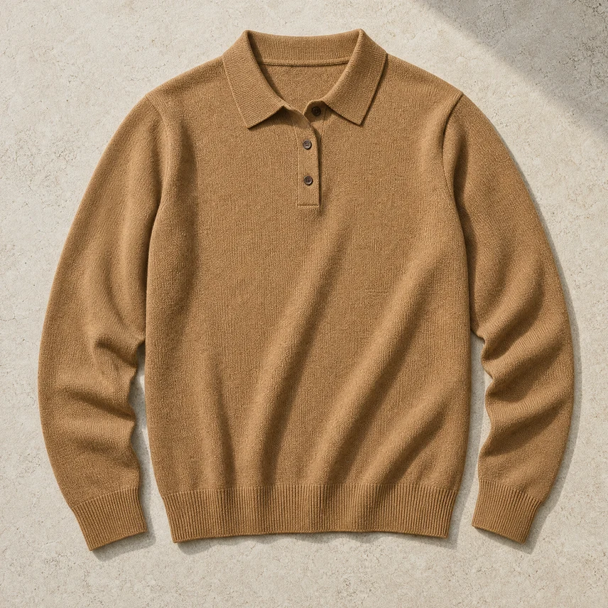 Polo de punto fino en camel, referencia del punto liso del vestido midi, extendido sobre piedra clara